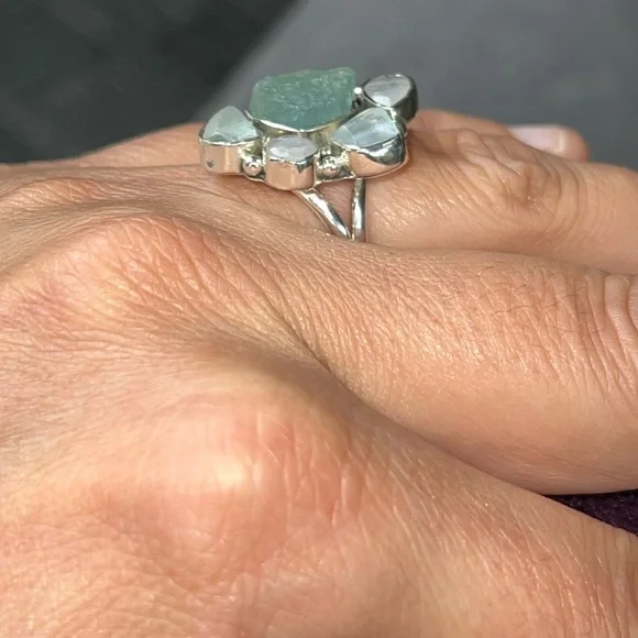 Artisan Crafted Natural Aquamarine and Moonstone Sterling Silver Ring - Picture 4 of 6